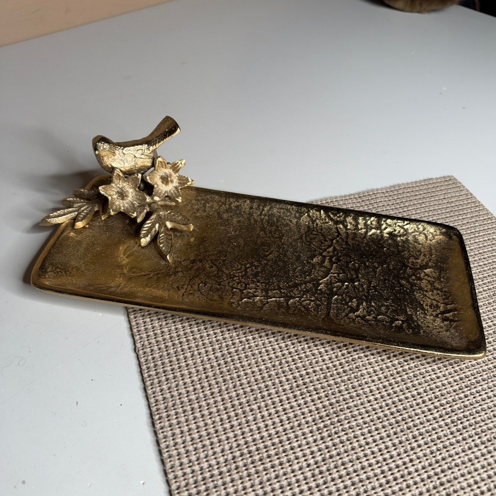 Gold Bird and Flower Decorative Metal Tray Textured Rectangular Valet Dish